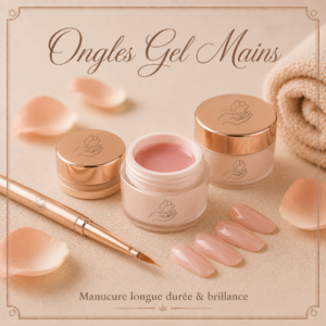 Pose d'ongles en gel sur les mains et vernis personnalisé.